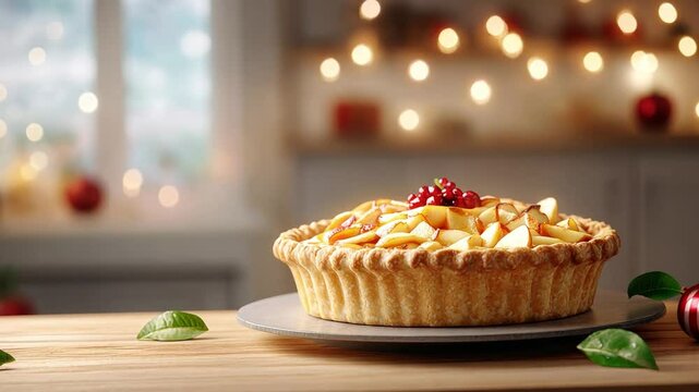 Freshly baked apple pie with festive decorations