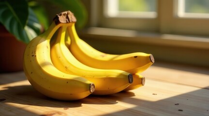 Sunlit Bunch of Ripe Bananas Resting on a Wooden Surface