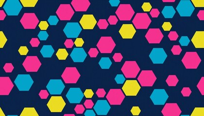 Fototapeta premium A Vibrant Explosion Of Playful Hexagons In Pink, Yellow, And Blue Dancing Across A Deep Navy Canvas Creating A Joyful, Energetic, And Modern Design