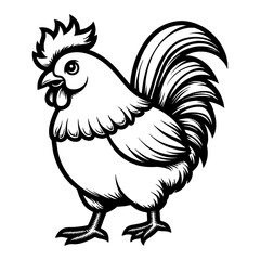 Cute Chibi Cartoon Rooster Standing Illustration Black and White Outline Line Art Drawing Engraving Style