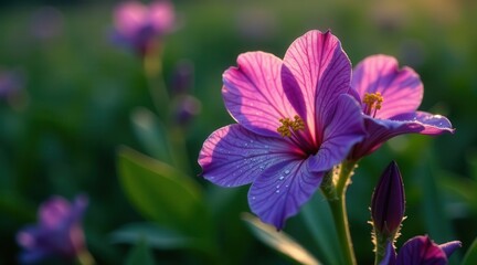 Obraz premium A vibrant purple flower, glistening with morning dew, basks in the warm glow of the rising sun, surrounded by a field of its brethren