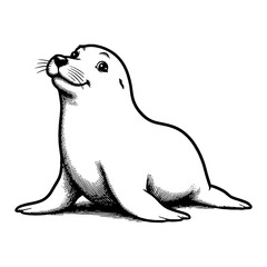 Cute Sea Lion Pup Looking Upwards in Engraved Style Black and White Outline Line Art Drawing