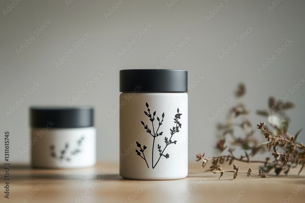 Poster elegant minimalist spice jar design featuring a black and white herbal logo on a simple container se