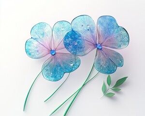Delicate blue glass flowers, white background, spring design, greeting card