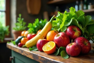 A vibrant arrangement of fresh produce, showcasing a diverse selection of fruits and leafy greens, artfully displayed on a rustic wooden countertop in a kitchen setting.