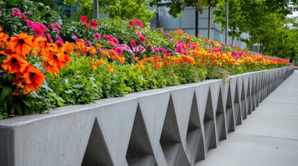 Colorful flowers in hues of orange, pink, and purple flourish atop a long concrete wall with geometric patterns, enhancing the urban landscape
