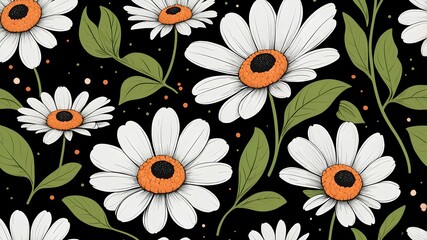 Digital illustration with a reddish orange floral motif contrasting with a black background.