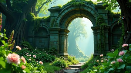 Fototapeta premium Ancient Stone Archway Leading to a Mystical Forest Path, Framed by Lush Greenery and Delicate Pink Blossoms