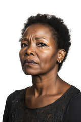 Obraz premium Serious African woman with short hair looking at the camera on white background showcasing strength, confidence, individuality, and beauty in portrait photography.