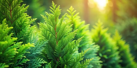 Fototapeta premium Lush Green Coniferous Foliage Basking in the Warm Glow of Sunlight, a Vibrant Display of Natural Beauty