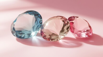 Precious zircon gemstones in brilliant white, blue, and pink shades on a pastel surface.