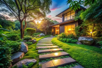 Obraz premium Surreal Garden Path: Stepping Stones to Modern Home - Dreamlike Landscape Stock Photo