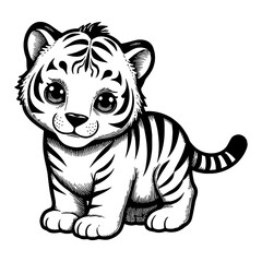 Fototapeta premium Cute Chibi Cartoon Tiger Cub Sitting with Adorable Eyes in Black and White Outline Line Art Drawing