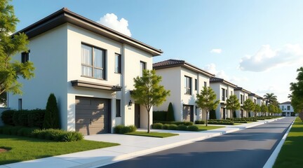 Modern Architectural Design Row of Houses with Lush Landscaping and Asphalt Roadway