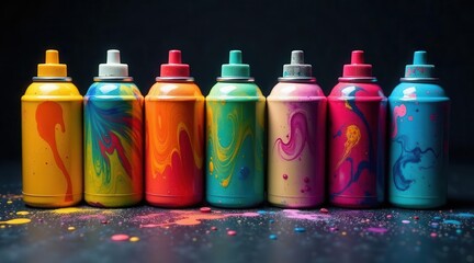 A Row of Vibrantly Colored Paint Cans with Swirled Designs on a Dark Surface