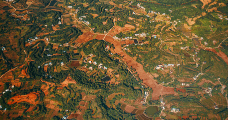 View From Airplane Window On Surroundings Of Chengdu, China. Development Of Agriculture In China. Wooded Terrain Landscape Of China. Porthole View Or Called Bull's-eye Window. Discover China