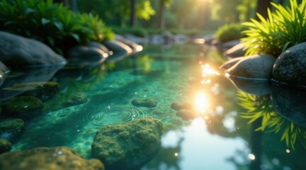 Fototapeta premium Serene Garden Pond at Sunset Ripples on the Calm Water's Surface Reflecting the Golden Hour Light