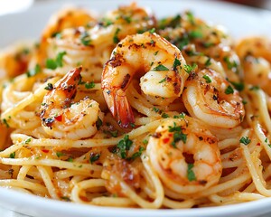Spicy shrimp pasta dish on white plate.