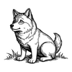 Obraz premium Cute Chibi Cartoon Wolf Sitting on the Ground Detailed Black and White Outline Line Art Drawing