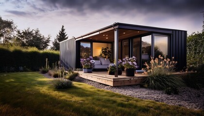 Obraz premium modern tiny house with a garden and a small backyard