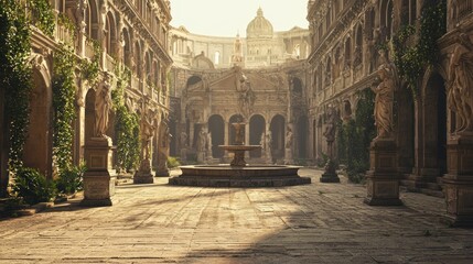 Obraz premium Enchanting Forgotten City Square with Elegant Statues and Fountain