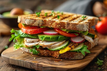 A close-up of a delicious sandwich made with fresh vegetables, turkey, and avocado, resting on a wooden cutting board