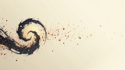 Abstract Swirling Design with Gold and Dark Ink Splashes on a Cream Background