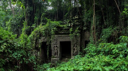 Obraz premium Hidden Jungle Complex Surrounded by Lush Greenery and Intricate Carvings
