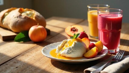 Creamy dessert with fruit and juice on a wooden table in sunlight