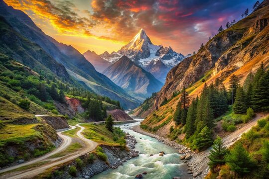 Surreal Himalayan Landscape: Conical Mountain, River, and Winding Road near Badrinath, Uttarakhand, India