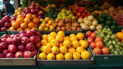 A vibrant display of fresh, colorful fruits in wooden crates at a market