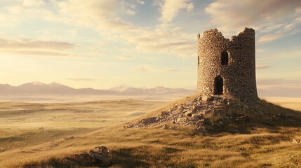 Obraz premium Lone Watchtower Overlooking Scenic Landscape at Sunrise