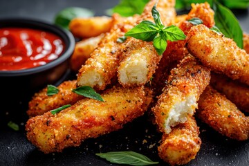 Fototapeta premium Deliciously crispy fried zucchini sticks with marinara sauce kitchen table food photography warm lighting close-up concept for fried food lovers