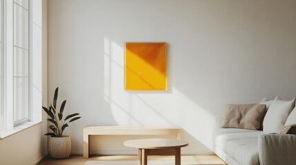 Modern living room with yellow artwork, sunlight, and beige accents