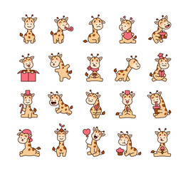 Adorable giraffe set featuring various emotions and cute poses, celebrating birthdays, love, learning, and everyday moments in kawaii cartoon style for yours creative designs