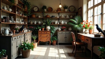 Obraz premium Sunlit Room with Antique Furnishings and Potted Plants, Two Crows Perched on Window Sill