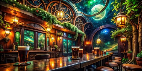 Obraz premium Surreal Irish Pub Scene: Dreamlike Interior with Celtic Knots & Floating Guinness
