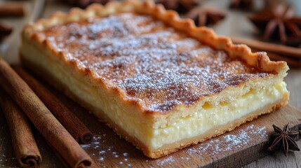 Sweet Cottage Cheese Pie on Wooden Board with Spices