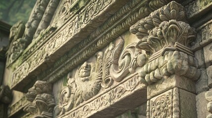 Obraz premium Intricate Carvings of Mythic Creatures on Ancient Architecture