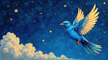 Fototapeta premium Celestial Flight A Sapphire Bird Soaring Through a Night Sky Adorned with Golden Stars and Soft Clouds