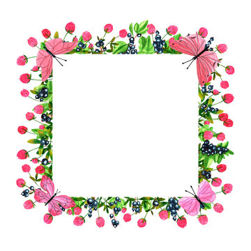recommend clip art: Fresh black currant berries and clover flowers background. Set of frames of watercolor berries and clovers, dragonflies, butterflies, bumblebees and bees. Clip art, design element.