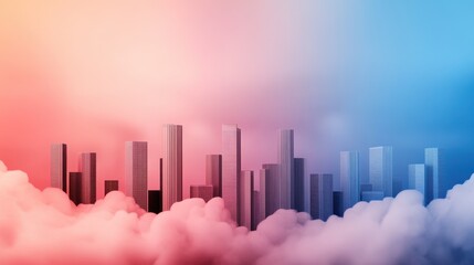 Fototapeta premium A futuristic city skyline emerges from colorful clouds, blending shades of pink and blue, creating a dreamy, ethereal atmosphere.