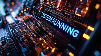 Futuristic Data Interface with Bright "System Running" Alert and Complex Circuitry Design