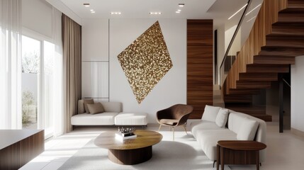 Modern living room interior design, sunlight streaming in, contemporary home, spacious and elegant