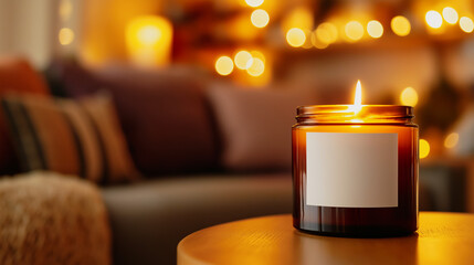 Burning candle in a brown glass jar with a blank label on a wooden table, creating a warm and cozy atmosphere with soft bokeh lights in the background, ideal for branding or design mockup