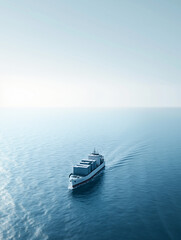 Naklejka premium Cargo ship sailing across a calm blue sea under a clear sky with sunlight reflecting on the water, symbolizing global trade