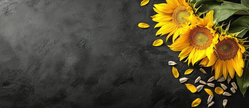 Vibrant yellow sunflowers arranged on the top right with scattered seeds on a textured blackboard background creating a striking contrast. - Powered by Adobe