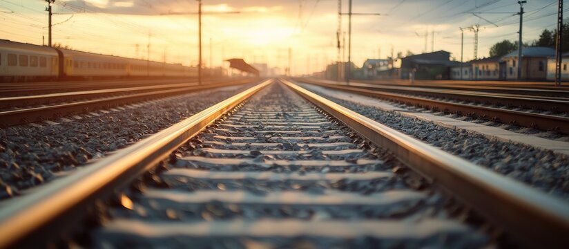 Wide-angle view of deserted railway tracks at sunset with shimmering lines, steel wires in soft focus, capturing urban transportation essence.