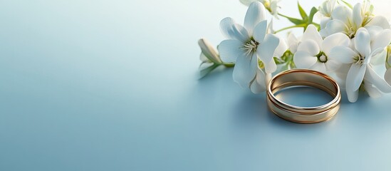 Golden wedding bands resting beside delicate white flowers on a smooth blue background, symbolizing love and commitment in a serene setting.