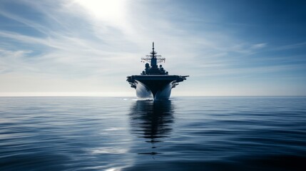 Obraz premium Naval ship cruising throughserene blue ocean underclear sky, showcasingmaritime strength andtranquility, central focus withslight background blur.